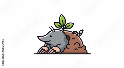Cute cartoon mole emerges from dirt mound with a worm and sprout