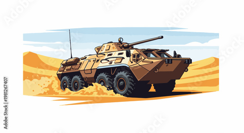 Desert armored vehicle kicks up sand as it moves across dunes under blue sky
