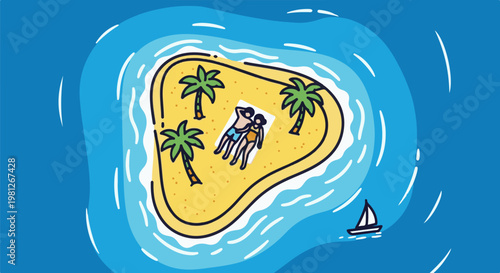 Couple sunbathing on a tropical island with palm trees and a sailboat