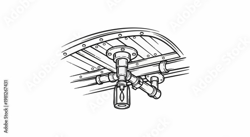 Detailed illustration of an industrial pipe light fixture attached to a wooden ceiling