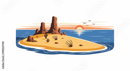 Desert island with rock formations, cacti, and a sunset over the ocean