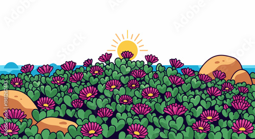 Desert bloom under a rising sun, ocean waves in distance