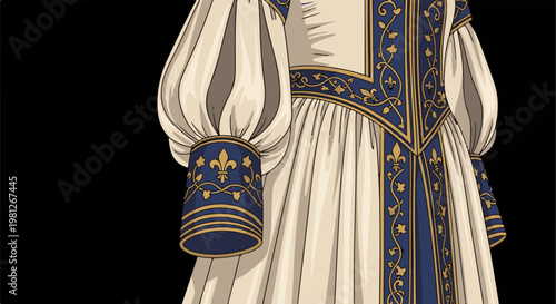 Detailed illustration of ornate, flowing historical garment with golden fleur-de-lis