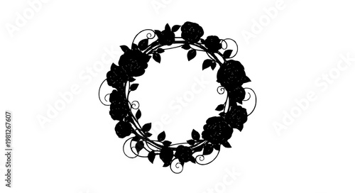 Black rose silhouette wreath vector with decorative floral leaves design isolated on white background