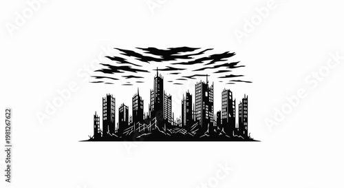 Destroyed cityscape under stormy, dark clouds