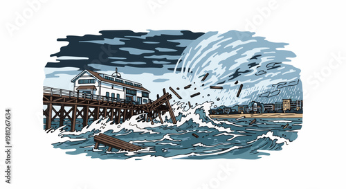 Destructive storm battering a pier and coastline with debris in turbulent waters