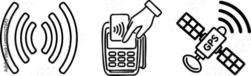 Wireless technology icons set, contactless payment terminal with credit card, GPS satellite signal and radio wave symbols, black line vector illustrations