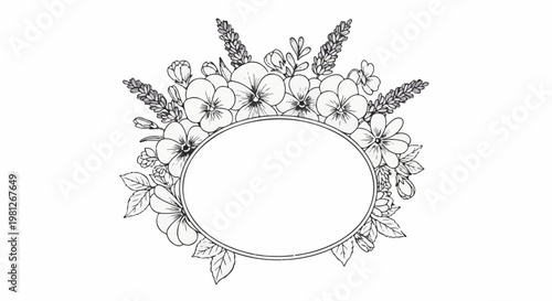 Delicate floral oval frame with detailed sketches of pansies and lavender buds