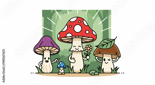 Cute cartoon mushrooms with faces and arms in a forest clearing