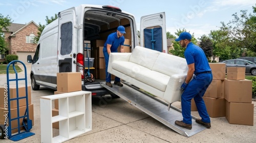 Two professional movers in blue uniforms loading a white sofa into a delivery van, furniture transport and home relocation service concept.