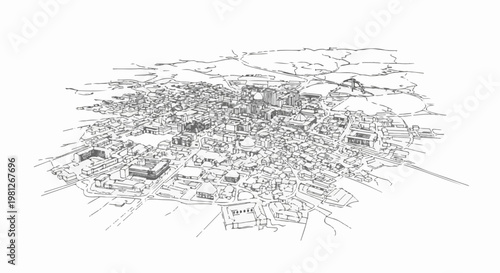 Detailed aerial sketch of a sprawling cityscape with varied architecture and surrounding topography