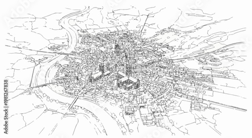 Detailed aerial sketch of a historic European city with a river and surrounding hills