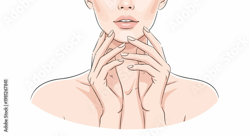 Delicate hands caress a woman's chin and neck, highlighting soft skin tones