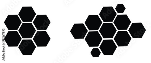 Black hexagon photo collage template. Honeycomb layout design element, blank frames for photo collection, overlay, montage, clipping, layer mask. Vector