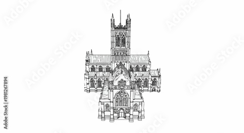 Detailed ink sketch of a large gothic cathedral with a central tower