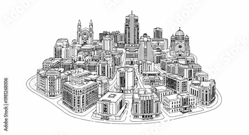Detailed ink sketch of a sprawling city skyline with varied architecture