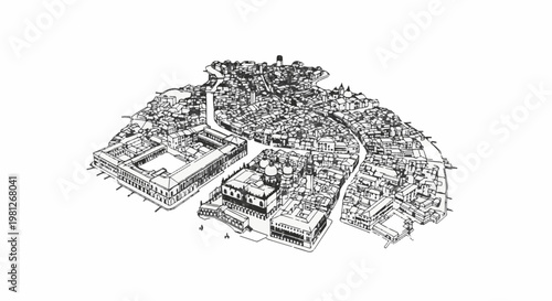 Detailed ink sketch of an old European city with intricate architecture and winding streets
