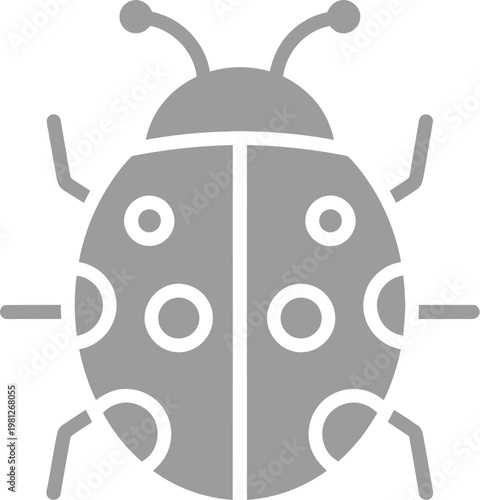 A large gray ladybug with white spots on its back and antennae on its head is shown in a vector graphic illustration.
