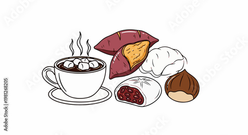 Cozy hot chocolate with sweet treats and warm baked goods