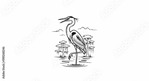 Detailed line art of a heron standing in shallow water with cypress trees