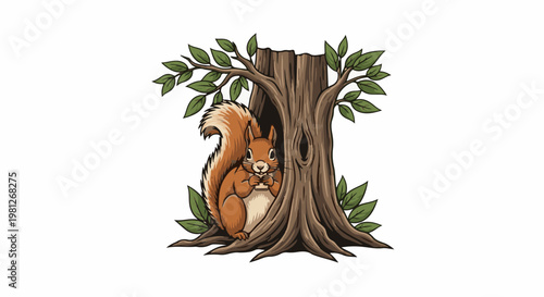 Cute cartoon squirrel holding a nut in a tree hollow