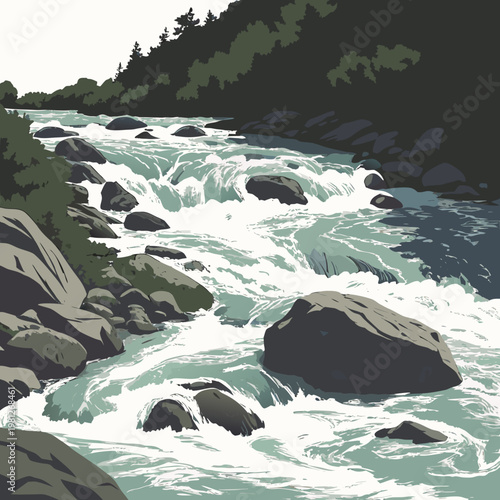 A serene and powerful river with rocks and trees in the background, flowing rapidly with white water rapids and boulders