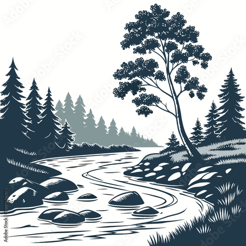 A serene forest landscape with a winding river and trees on the riverbank