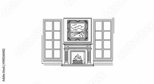 Drawing of a fireplace with a painting above it, flanked by two windows