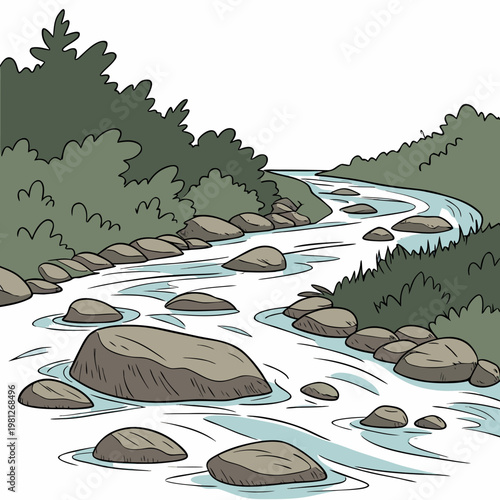 Cartoon illustration of a winding river with rocks and trees on the banks