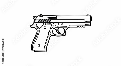 Detailed black and white line drawing of a handgun with a white background