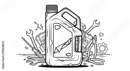 Drawing of an old, cracked container with tools and mechanical parts