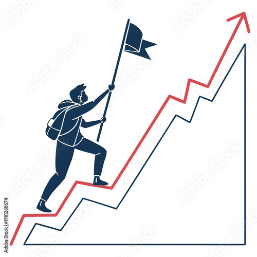 A determined individual climbing a steep upward trend line holding a flag, symbolizing success and achievement in business and finance with a sense of adventure and progress
