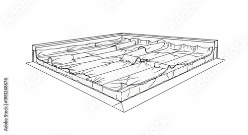 Drawing of a mattress with a protective sheet over it, viewed from an angle