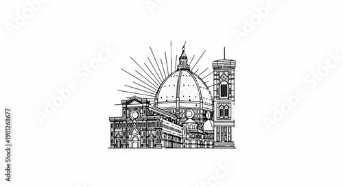 Detailed monochrome illustration of a grand domed cathedral with a bell tower