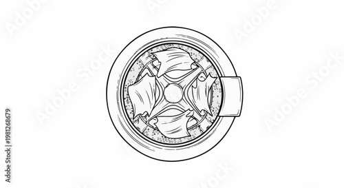 Drawing of a washing machine drum with clothes and bubbles