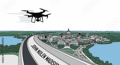 Drone flies over a highway curving towards a city skyline with water