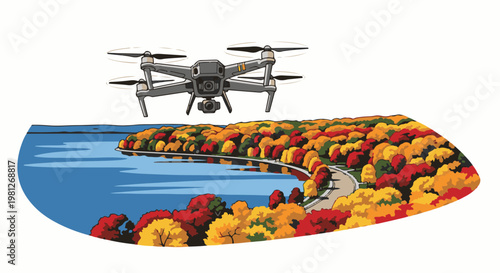 Drone flies over a serene lake and autumn forest with vibrant foliage