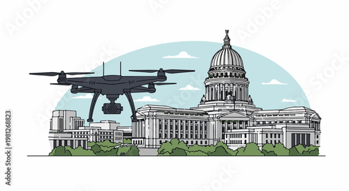 Drone flies over historic government building with domed architecture