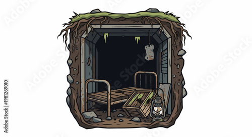 Dilapidated bunker room with old bed, lantern, and crate