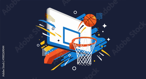 Dynamic basketball court graphic with energetic, abstract design elements