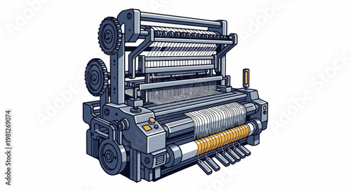 Detailed pixel art illustration of a complex textile weaving machine with many threads