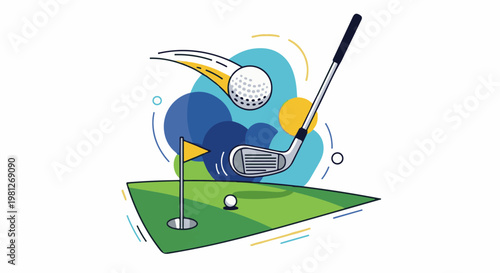 Dynamic golf scene with club, ball, flag, and abstract colorful shapes