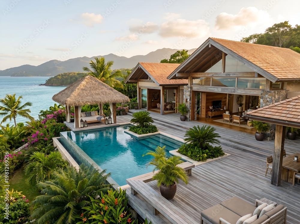 Fototapeta premium Luxury Tropical Villa with a Stunning Infinity Pool Overlooking the Ocean