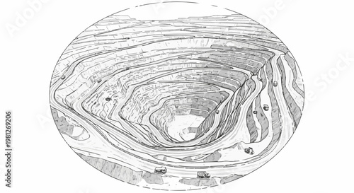Detailed sketch of a large open-pit mine with tiered layers and vehicles