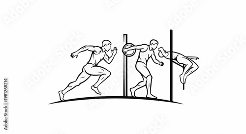Dynamic illustration of three athletes performing track and field events