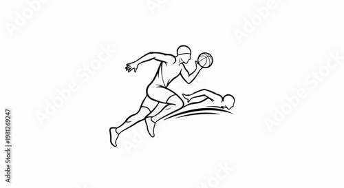 Dynamic line art of a male athlete running with a basketball over another swimmer