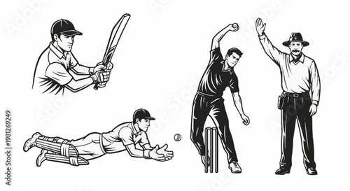 Dynamic line art depicts cricket players in action batting, fielding, bowling, and umpiring