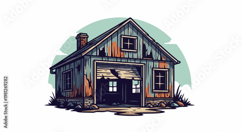 Dilapidated wooden structure with peeling paint, broken garage door and windows