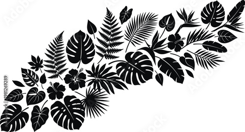 Black silhouette illustration of various tropical leaves and flowers arranged in a decorative graphic design element on white background