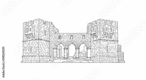Detailed sketch of an ancient stone castle gate with arched passages and towers